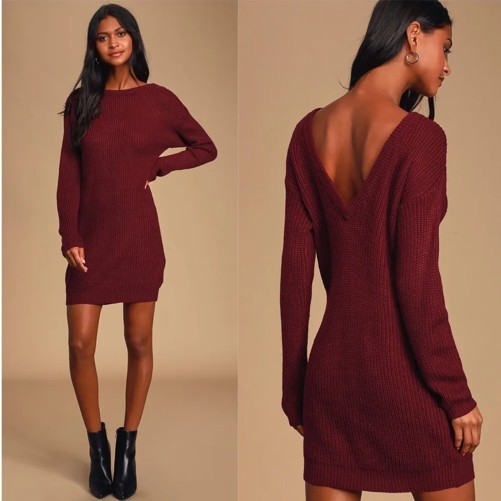 LULU’S Bringing Sexy Back Wine Red Backless Sweater Dress - Image 2