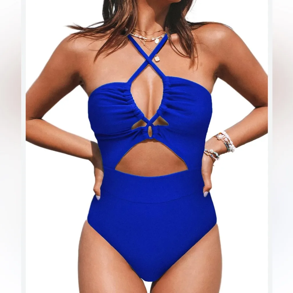 Cupshe Cut Out Swimsuit Cobalt Blue Brand New With Tags Sexy Coverage Lined - Image 3