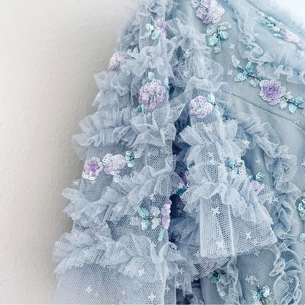 Ivy City Co Lilac/Gray Floral Beaded Ruffled Swiss Dot Maxi Tulle Dress. Purple Size 1X - Image 8