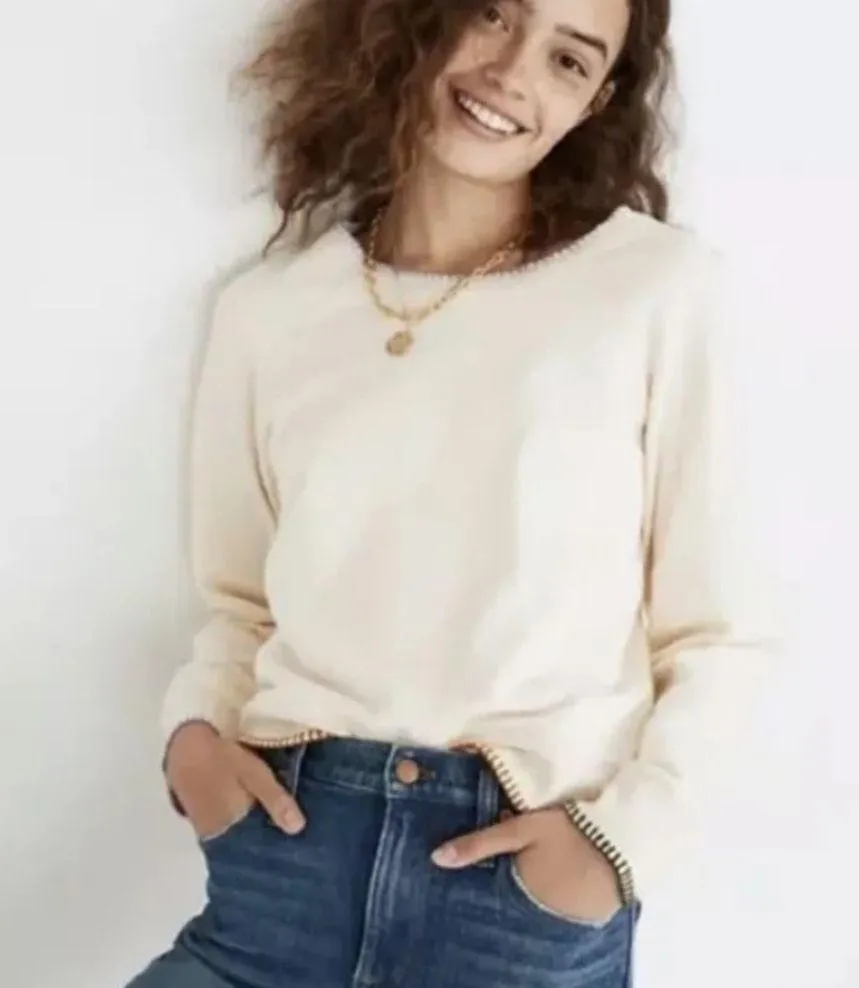 Madewell Cream Embroidered Blanket Stitched Shrunken Sweatshirt Size Small - Image 8