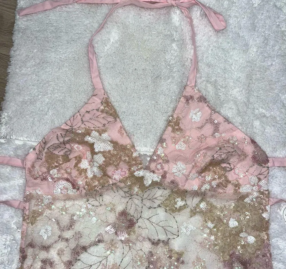 NWOT Embellished Floral Lace Sequin Halter Top in Pink Size L - Image 2