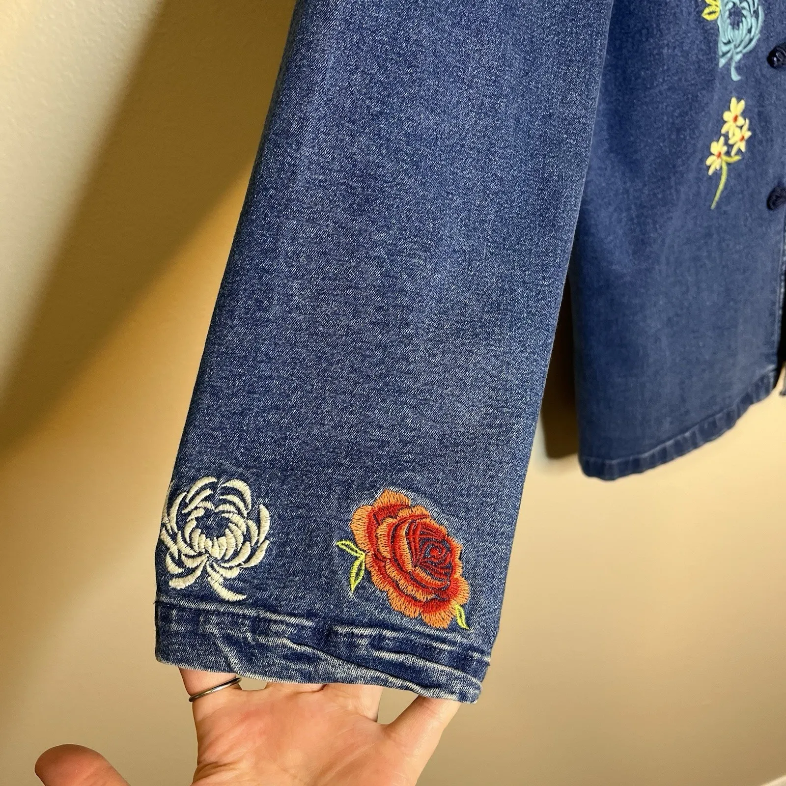 Women's Denim Jacket Long Floral Embroidered Frog Closure 90s Lagenlook Art Wear Blue Size M - Image 2