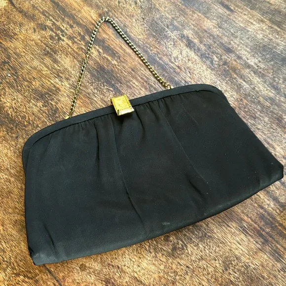 After Five Vintage Black Satin Cocktail Clutch Purse gold w/ turquoise hardware - Image 1
