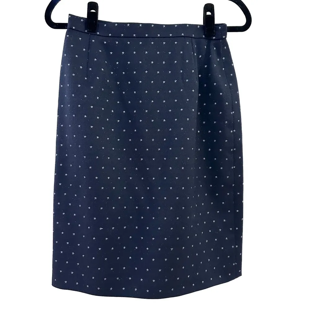 Escada Margaret’s Ley Vintage Wool Silver metallic Star Print Skirt Navy Blue 36 - Image 2