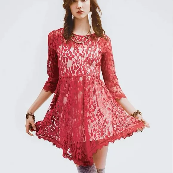 FREE PEOPLE Red Mesh Floral Lace Overlay Dress Size 4 - Image 3