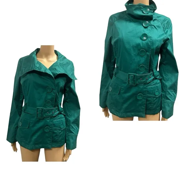 Last Kiss Green Cotton Button Up Double Breasted Belted Lightweight Jacket Large - Image 2