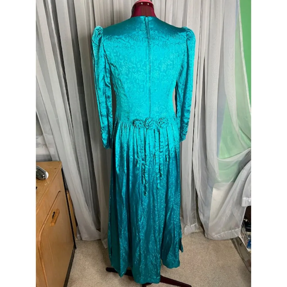 Formal dress lace sleeves puff sleeves vintage 1980s teal floral satin Blue Size M - Image 3