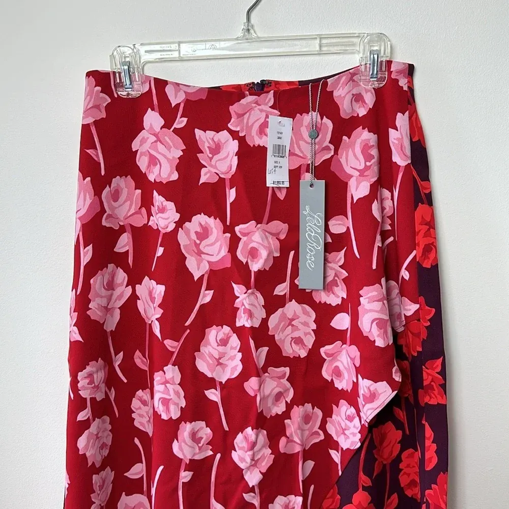 Lela Rose Womens Skirt 6 Double Face Rose Print High Low Floral Crepe Midi NEW‎ Pink - Image 4
