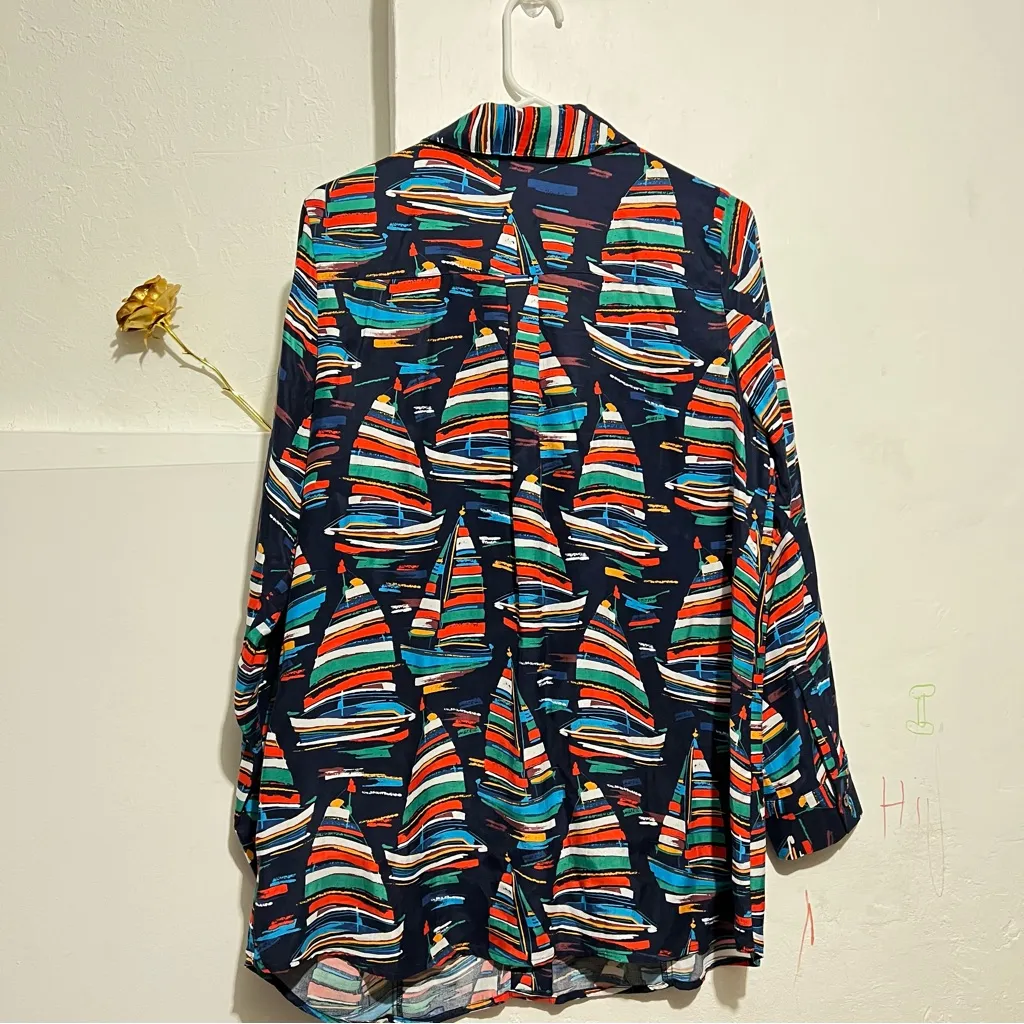 Soft Surroundings Sail Away Sailboat Blue Button Up Long Sleeve Shirt Size M - Image 4