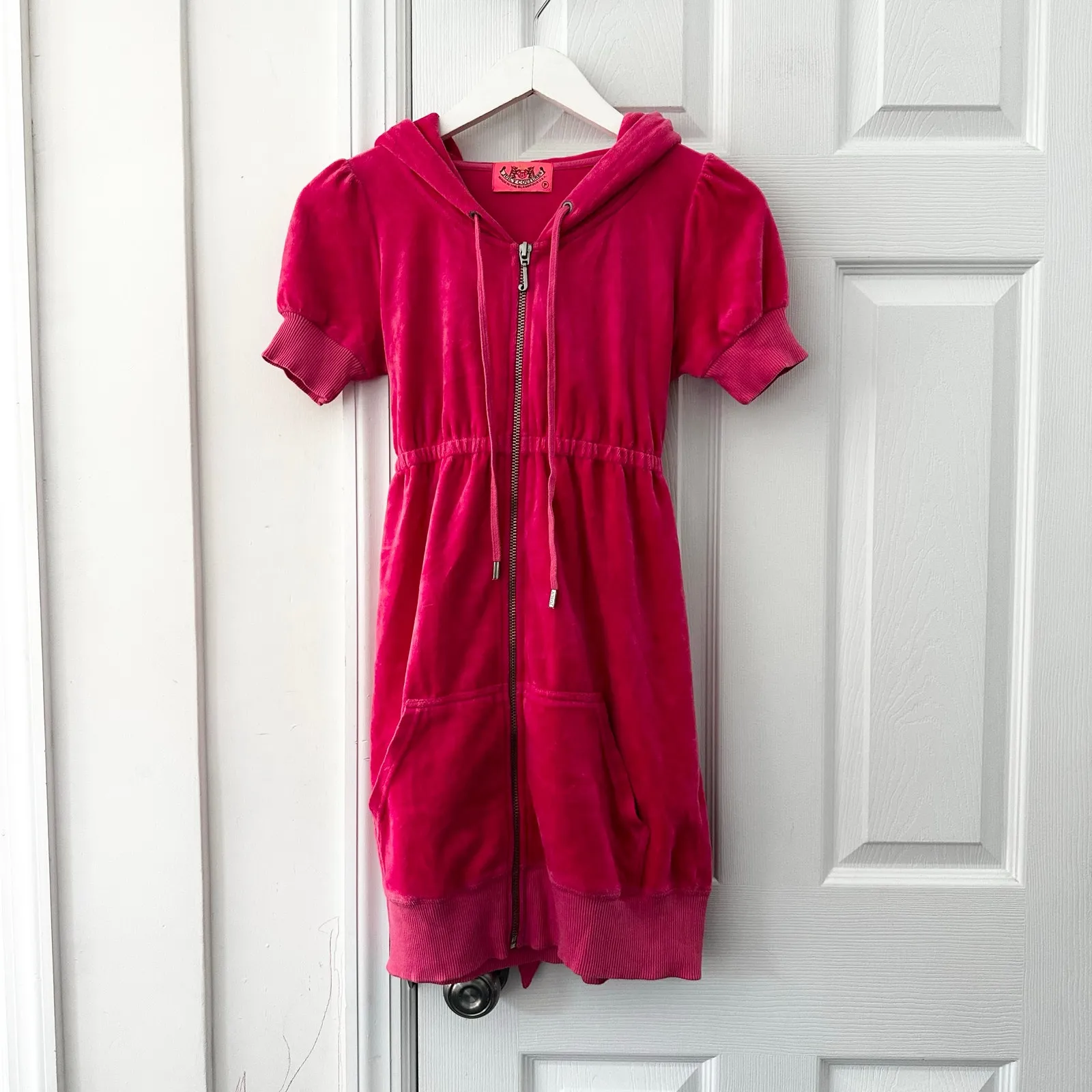 Juicy Couture Bright Pink Y2K Velour Full Zip Tie Back Hooded Mini Dress Jacket - Image 2