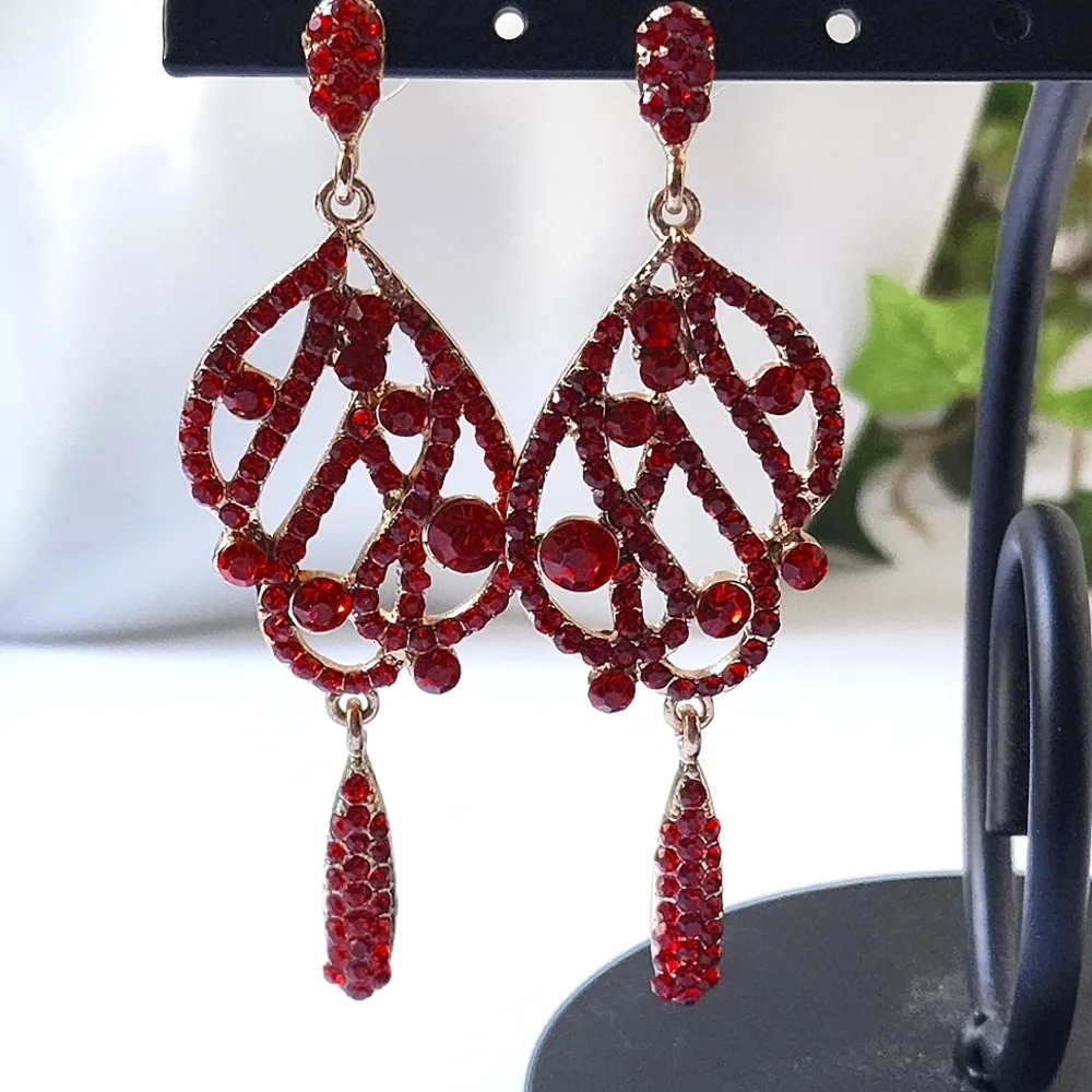 Red Crystal Rhinestone Dangle Statement Earrings - Image 2