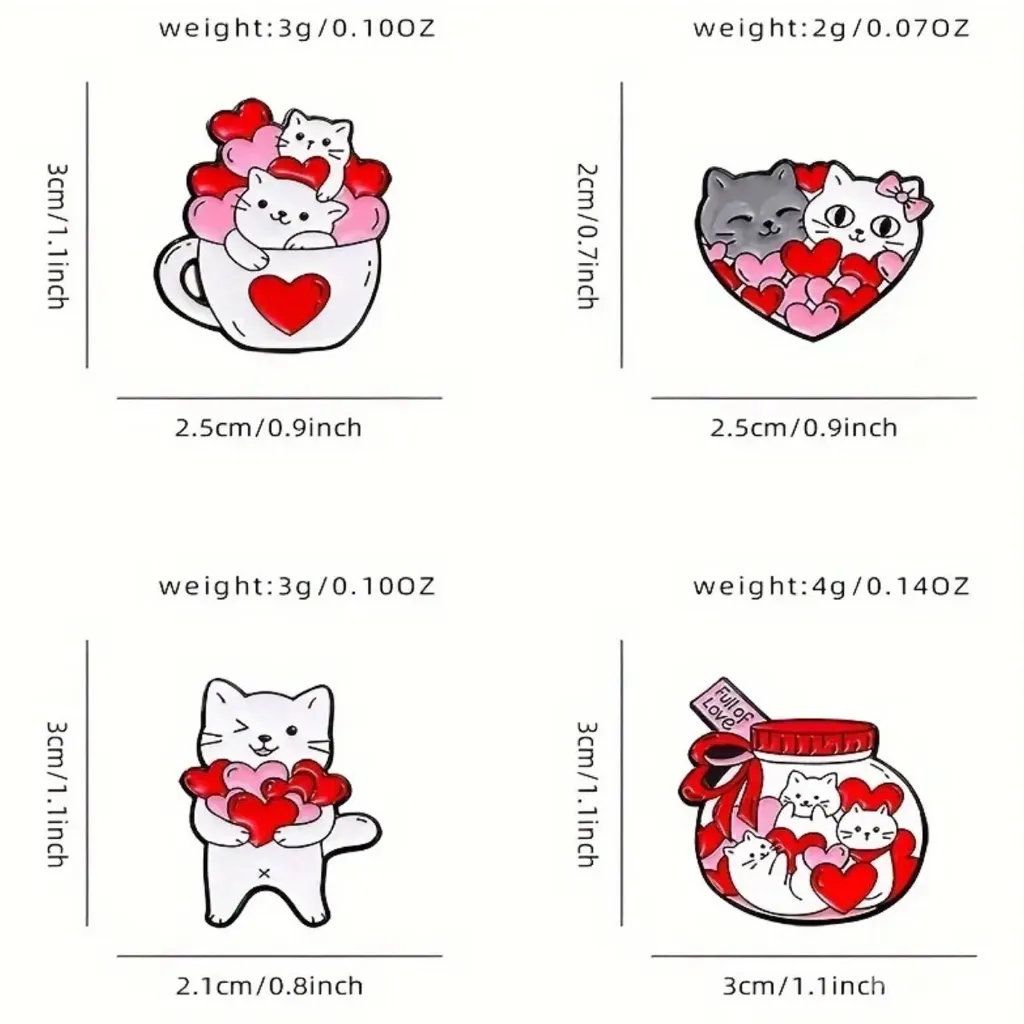 4 Pcs‎ Red, Pink & White Color Black Cat Shape Pin Set Simple Animal Theme Pin Red - Image 7
