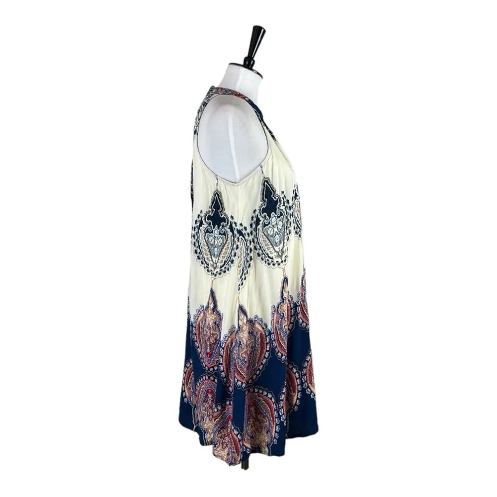 Jaase Boho Halter Tie Neck Swing Dress Cream Blue Multi Women’s Size Small - Image 3