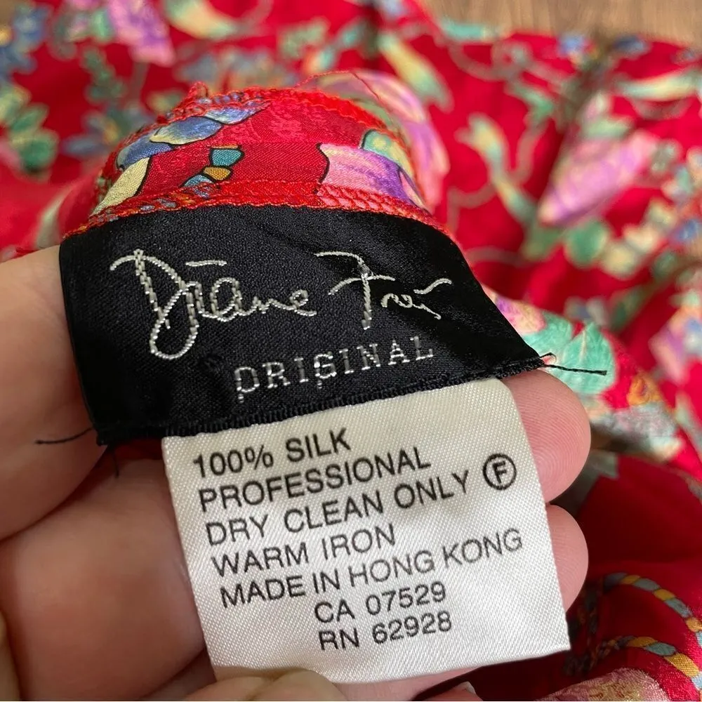 Vintage 80s Designer Diane Freis 100% Silk Beaded Plunge‎ Floral Midi Dress S M Red - Image 12