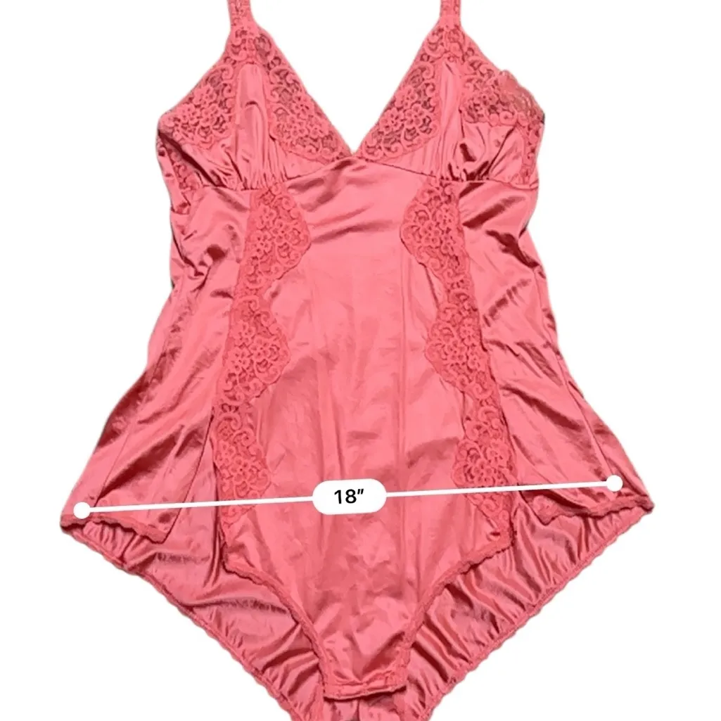 Vintage 80s Blush Nylon Satin Lace Coral Teddy Made In USA Size Large Lingerie - Image 8