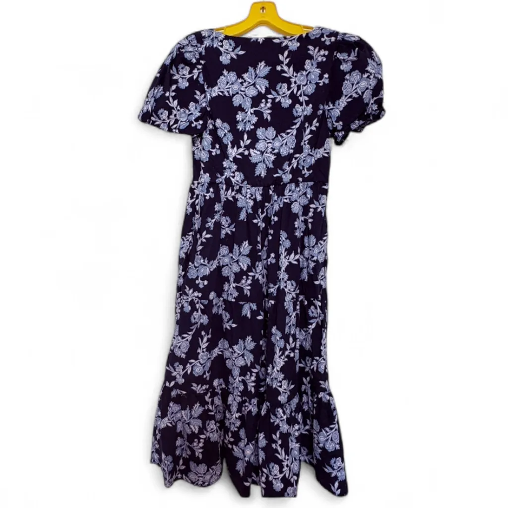 J.Crew Blue Floral Tiered Poplin Puff‎ Sleeve Midi Dress Sz 2 - Image 3