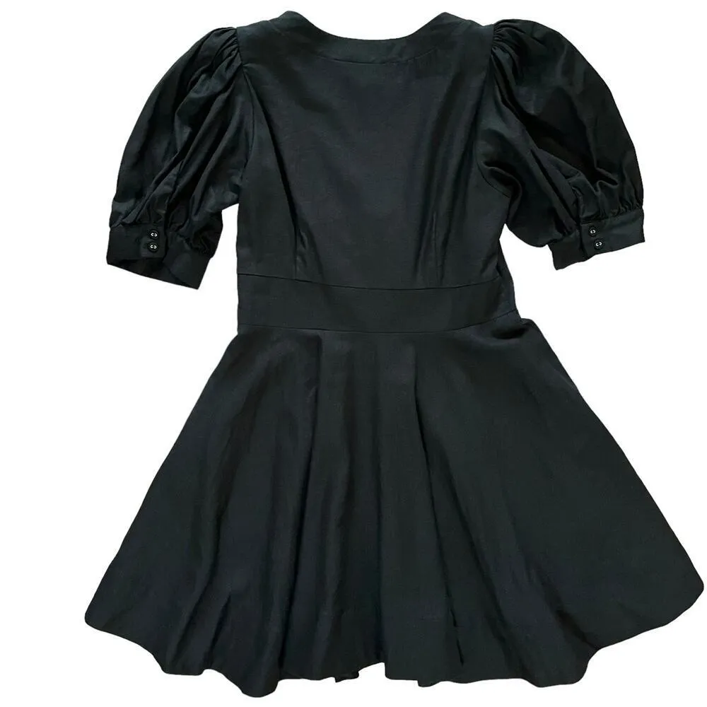 1960 Black Linen Blend Lace-Up Bodice Peasant Mini Dress Size 6 - Image 4