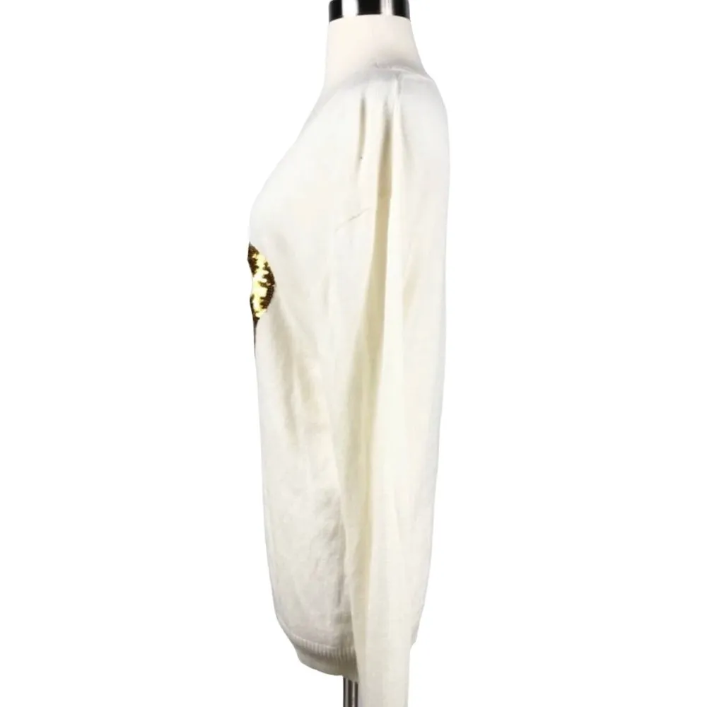 WILDFOX White Label White Sweater Gold Sequins No. 9 V-Neck Angora Oversized XS - Image 7