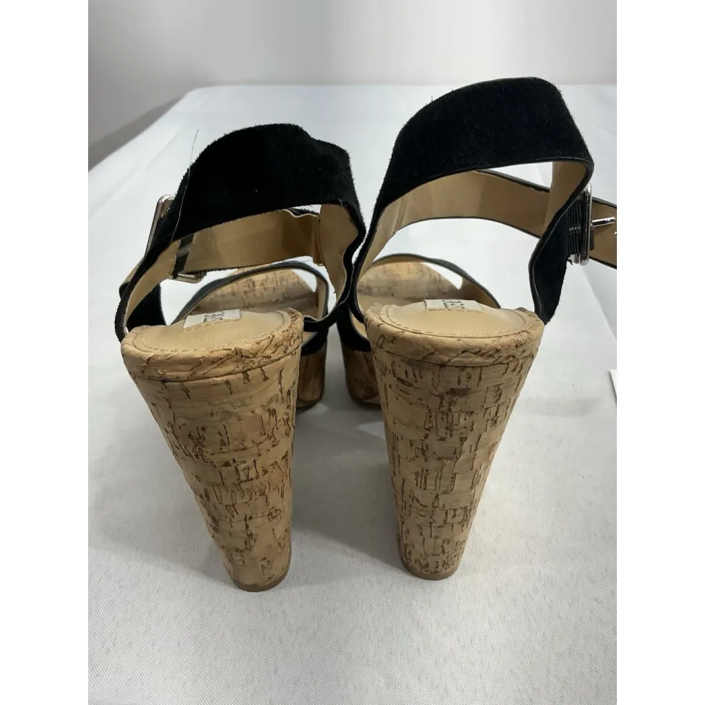 Womans Steve Madden Jess Cork Wedge Sandals 5.5 M Black Strappy Open Toe Straps - Image 5
