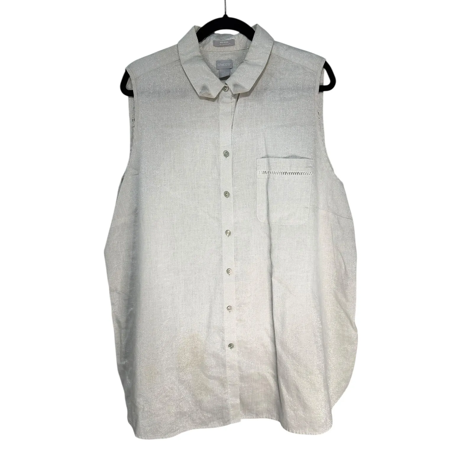 CHICOS Silver Metallic Linen Blend Sleeveless Collared Button Up Top 4 20 22 - Image 13