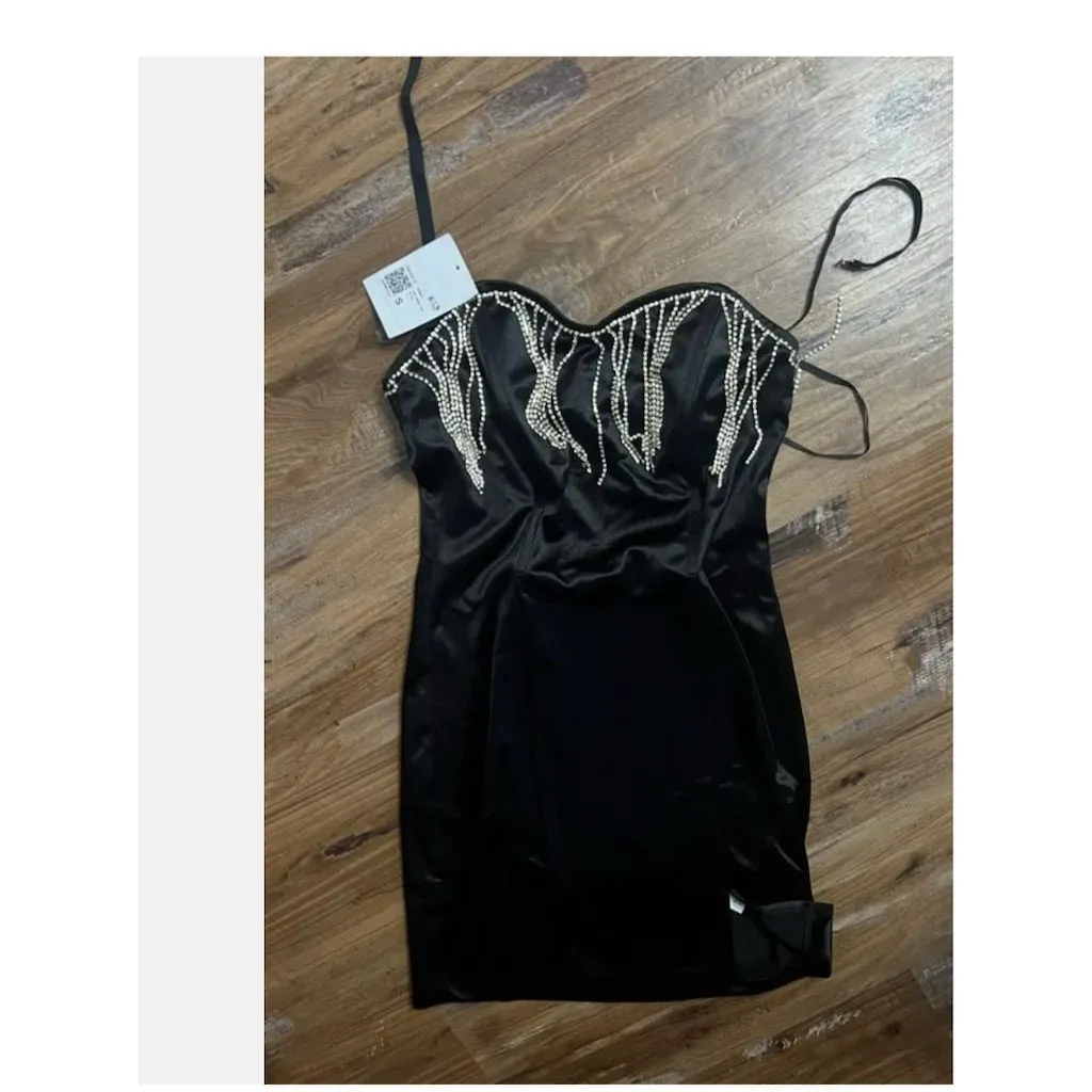 Forever 21 Black Rhinestone Fringe Strapless Bodycon Mini Dress S - Image 3