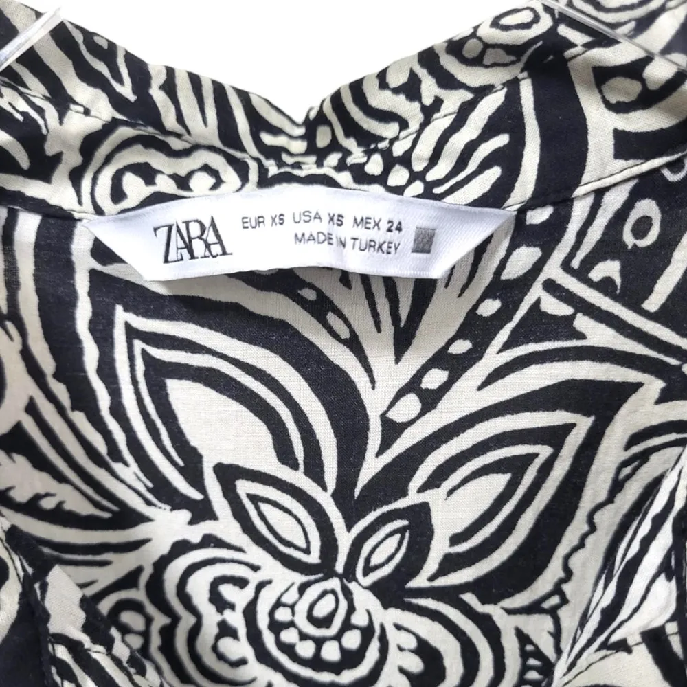 Zara Cotton Floral Button Up Collared Long Sleeve Mini Dress In Black/White - Image 5