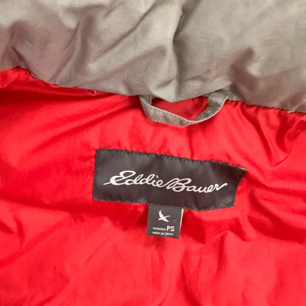 Eddie Bauer Down Puffer Vest Women’s PS Hooded Zip Front Faux Fur Trim Taupe - Image 8