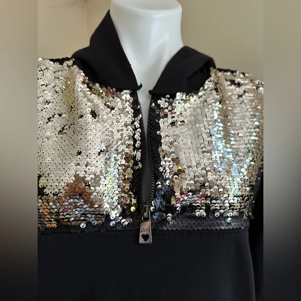 Love Black Sequence Hoodie Casual Dress SZ No Tag Front Zip Long sleeves Pockets - Image 8