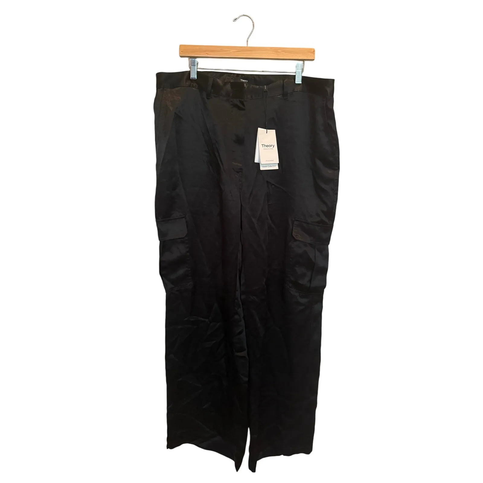 Theory Textured Satin Cargo Pants Women’s 16 Black Crushed Acetate NWT N0509214 - Image 4