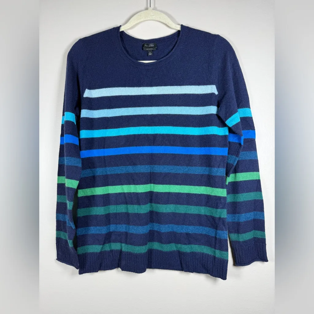 Talbots NWT Stirpped Cashmere Crewneck Sweater Blue Size Small - Image 9
