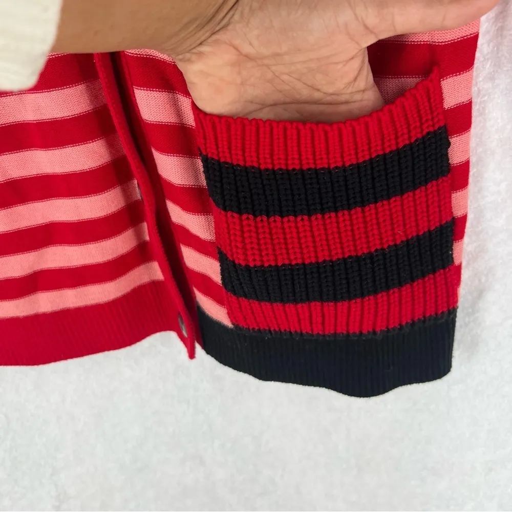 Cabi Picnic Cardigan Red Pink Striped V Neck‎ Sweater Knit Pocket Long Sleeve - Image 6
