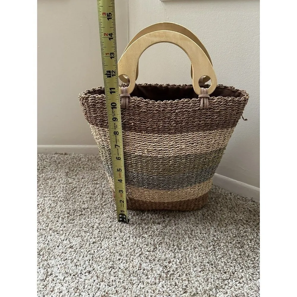 Vintage Woven Cornhusk Straw Hand Bag Wooden Handle Basket Tan Brown Purse Lined - Image 7