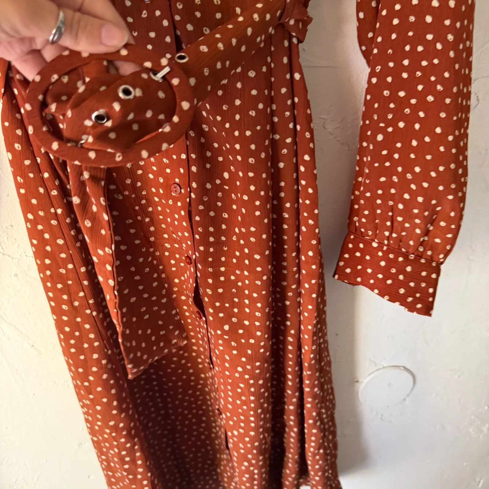 Lush Sm Rust Brown Polka Dot Long Sleeve Midi Dress with Belt‎ Preppy Old Money - Image 6