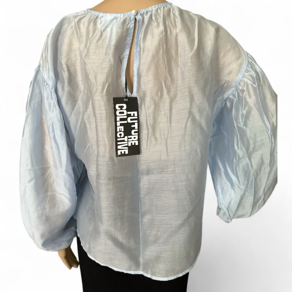 NWT Future Collective Women's Sheer Balloon Long Sleeve
Blouse Light Blue XS - Image 4