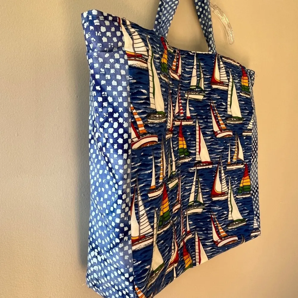 Handmade Tote Eco Friendly Reusable Colorful Sailboat Grocery Beach Bag Large - Image 2