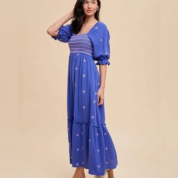 In Bloom EMMIE EMBROIDERED MAXI DRESS Blue Pink Large Cottagecore boho FP - Image 11