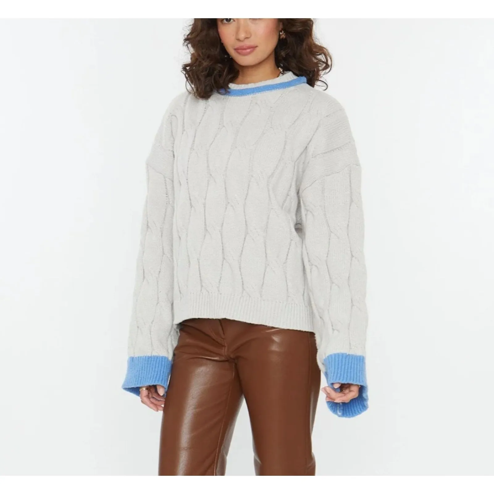 FRENCH MAUVE Tonya Cable Knit Oversized‎ Sweater NWT Gray Size XL - Image 2