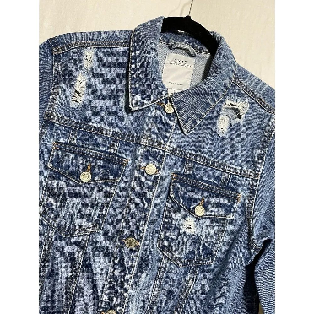 Iris Denim Jacket Distressed Button Down Womens Size Large - Image 2