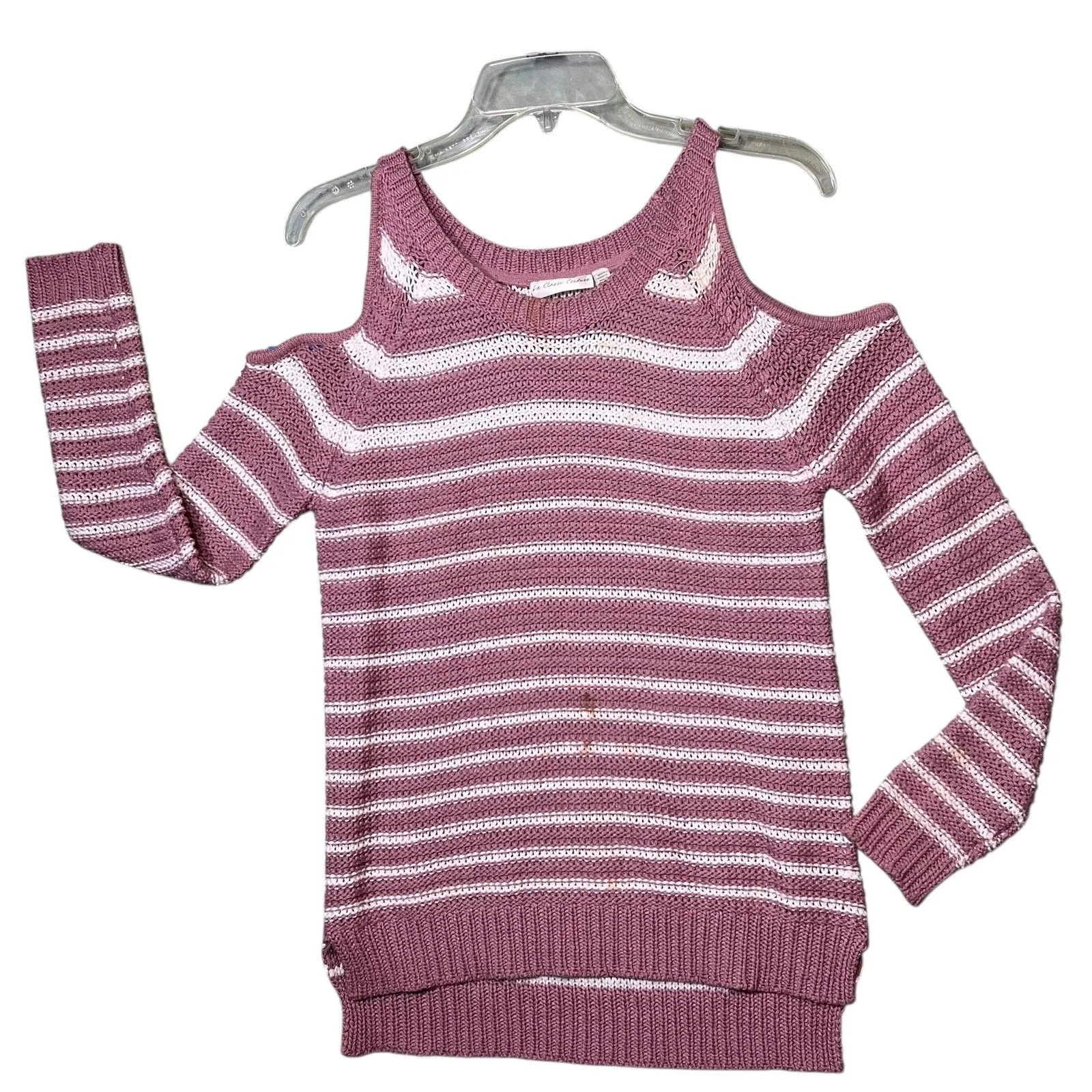 La Classe Couture Sweater Womens XS Pink White Striped Cold Shoulder Knit Top - Image 2