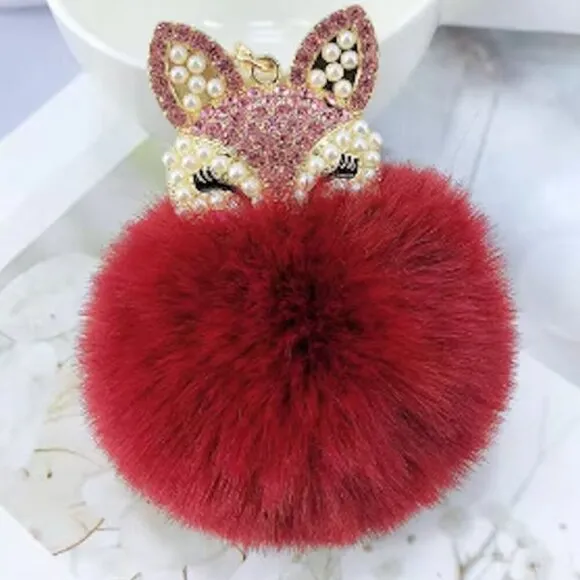 Burgundy Fox Head Jeweled Pom Pom Keychain NEW Red - Image 1