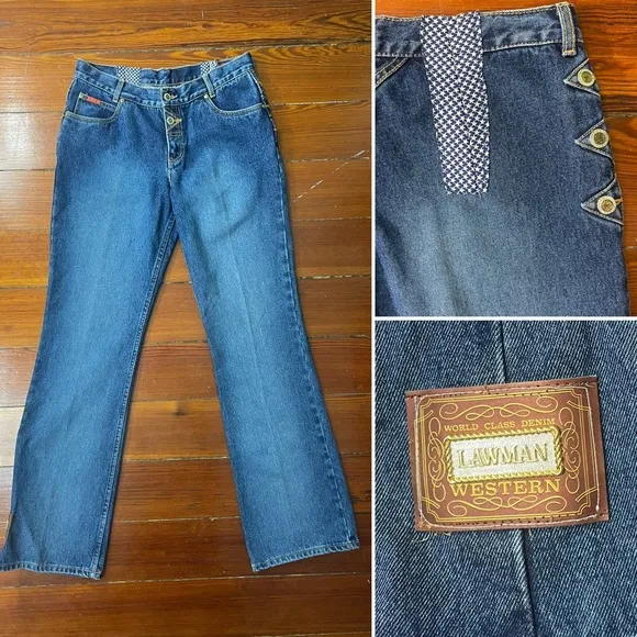 Vintage Lawman Western Denim Button & Stitch Rodeo Star Accented Jeans Sz 32 - Image 2