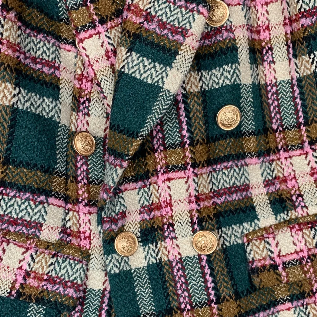 Fate size small blazer tweed Green Pink Textured Jacket plaid double breasted - Image 4
