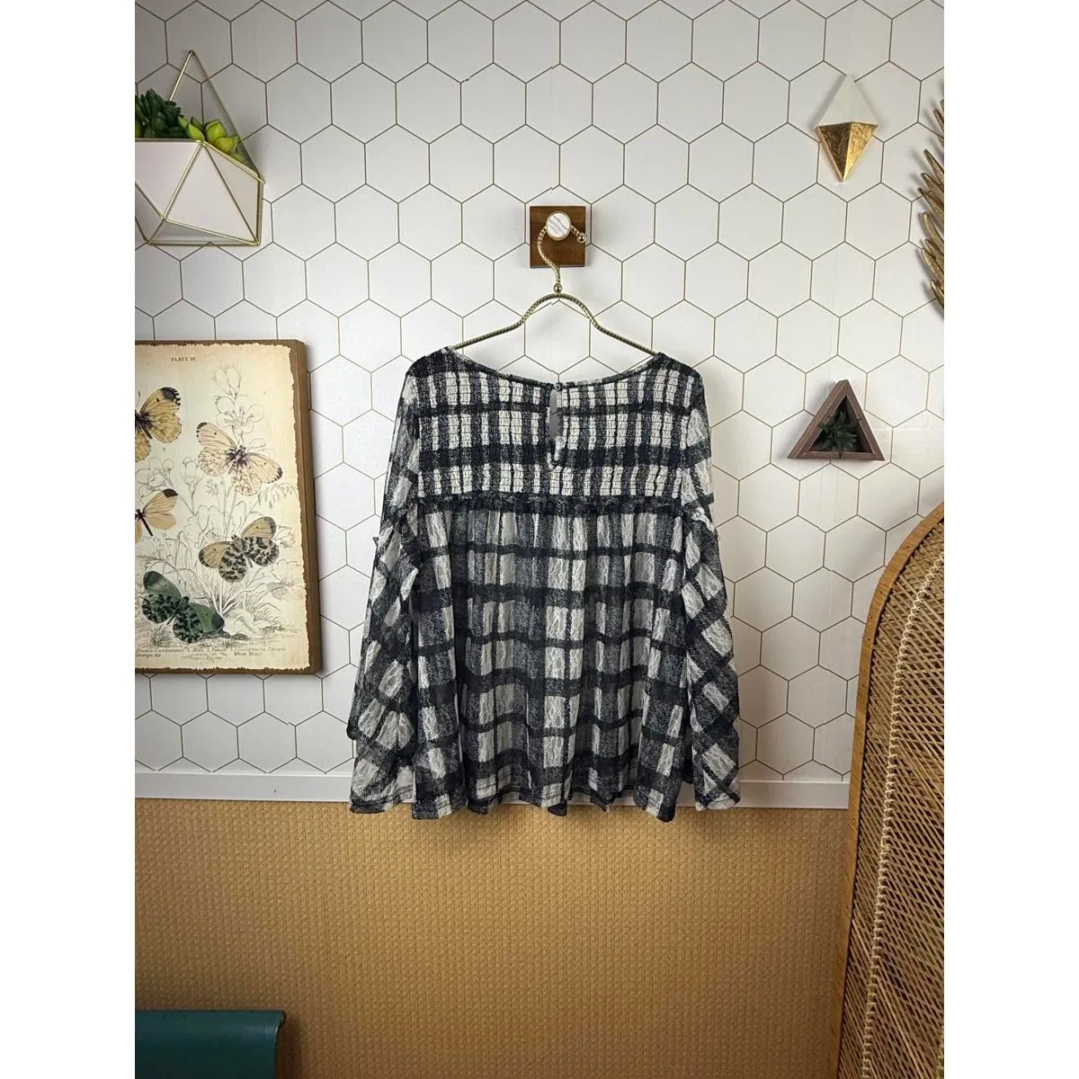 Akemi + Kin by Anthropologie Black Patrizia Sheer Lace Plaid Top - Size - Large - Image 6