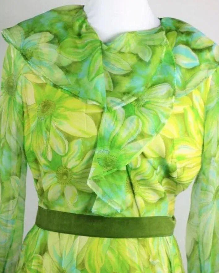 Vintage 1970s Jack Bryan Green Floral Print Chiffon Maxi Dress Medium - Image 8