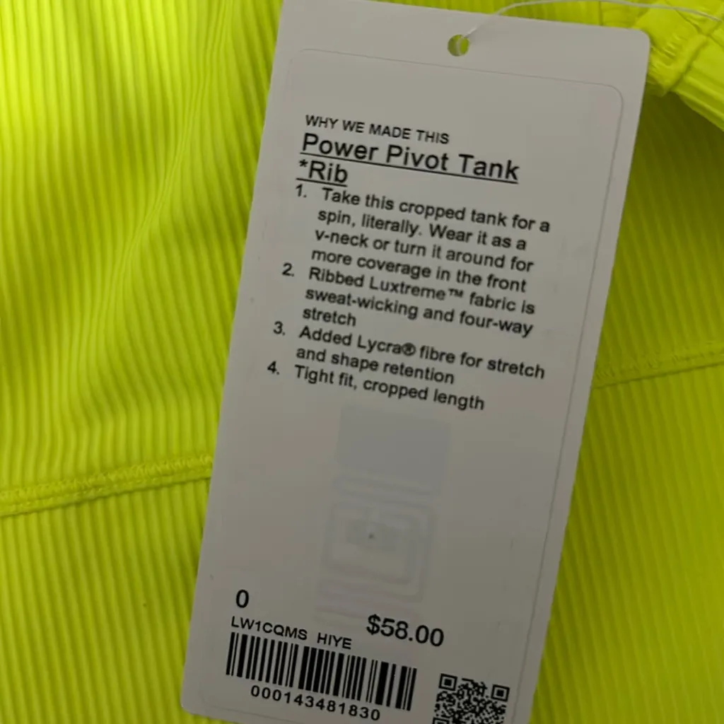 Lululemon Power Pivot Tank *Rib Size 0 Highlighter Sold out - Image 2