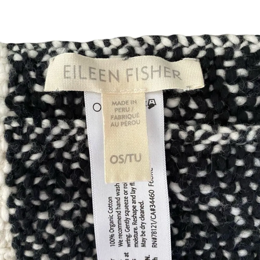 Eileen Fisher Textured Organic Cotton Scarf Black Cream Fringe - Image 5