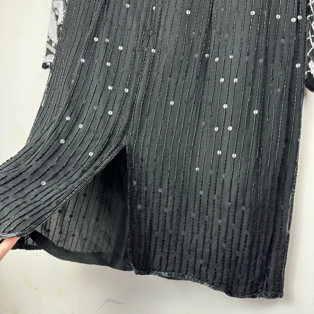 Vtg Lawrence Kazar Silk Beaded Formal Dress Sz XL Black White Sequin Long Sleeve - Image 11