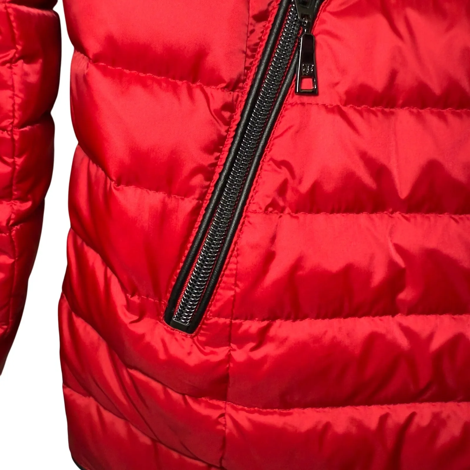 Basler Swiss Designer Down Puffer Cherry Red Old Money Quiet Luxury Faux Fur 38 Size 6 - Image 4