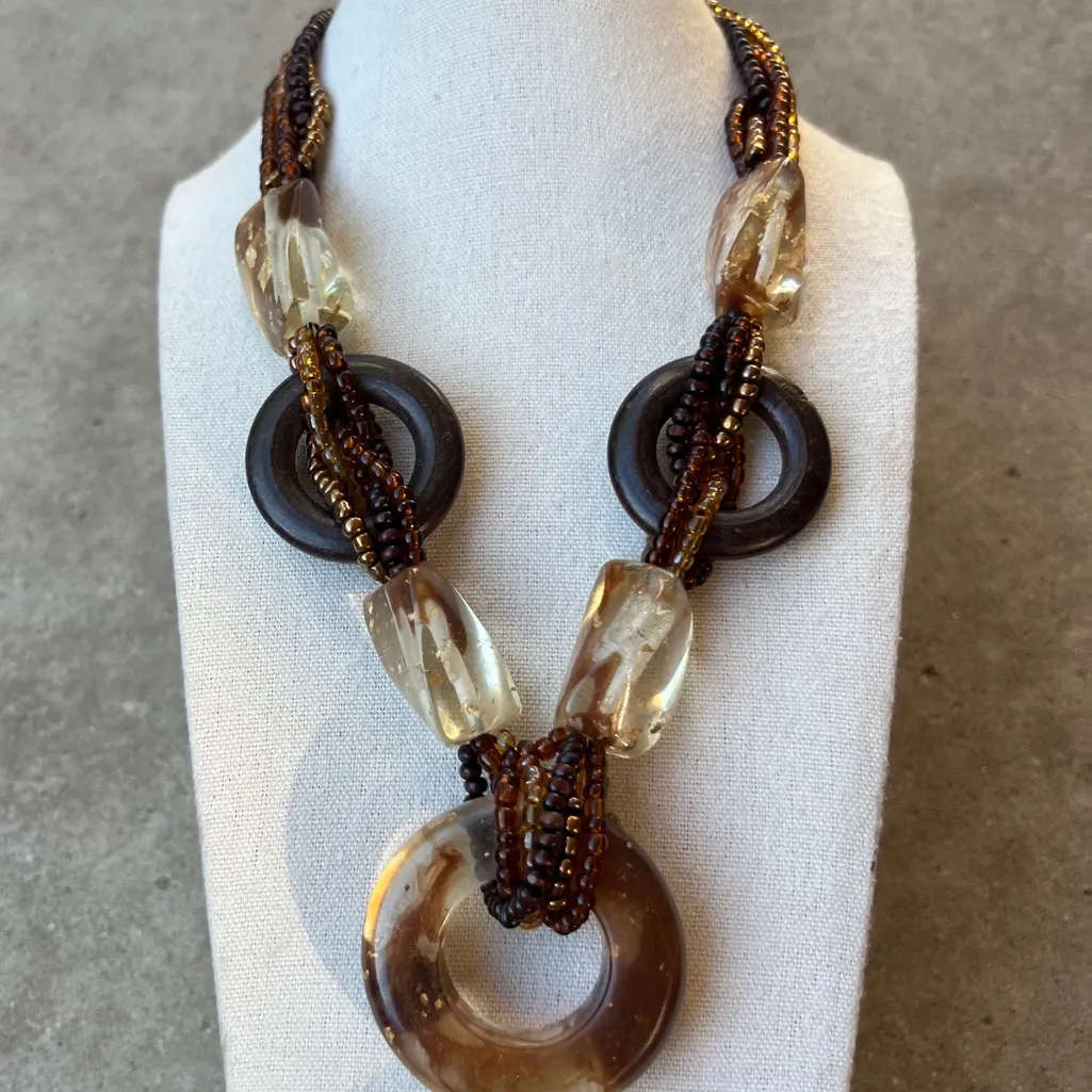 Signed CG Goldstone Thermoset Seed Bead Necklace w Wood Accents CHUNKY 1960s Gold - Image 3