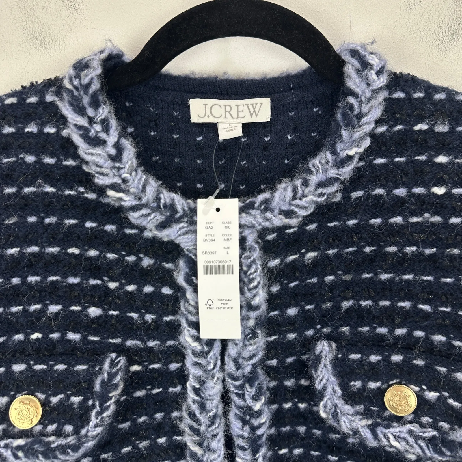 J.Crew Cropped Lady Jacket Marled Yarn Wool Blend Preppy Navy Blue Large NWT - Image 7